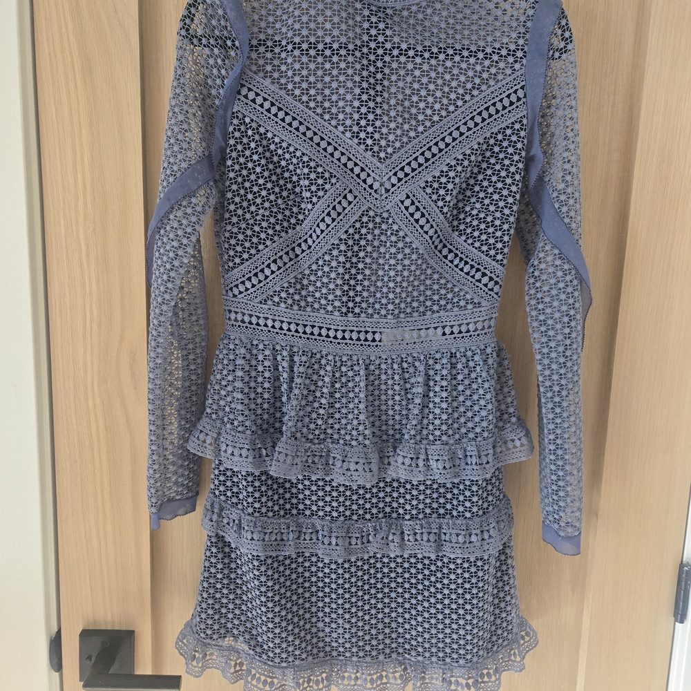 Self Portrait Slate Blue Long Sleeve Lace Mini Dress - Picture 3 of 9